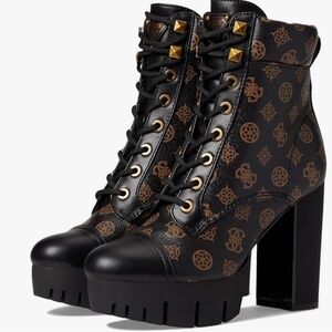 Guess "Geovey" Logo Print Lace Up High Heel Sole Booties
